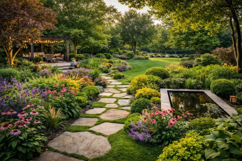 Professional landscape design with native Ontario plants and stone pathways
