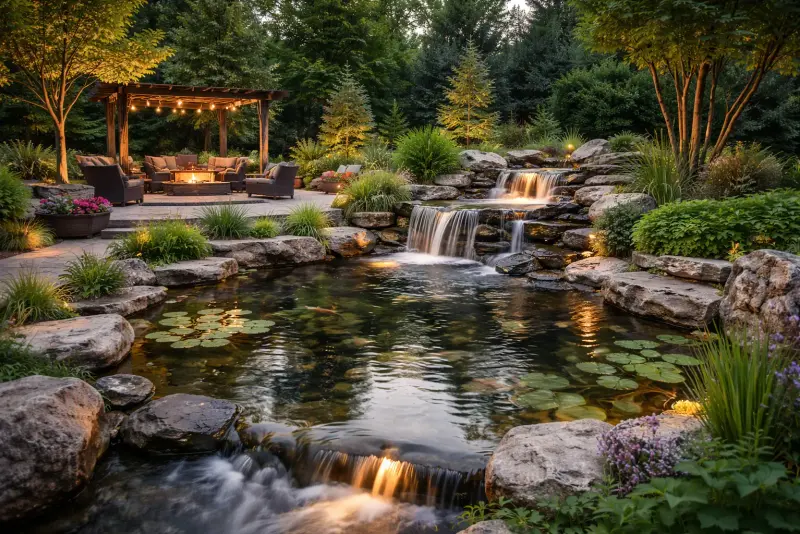 Natural stone waterfall and koi pond in landscaped garden